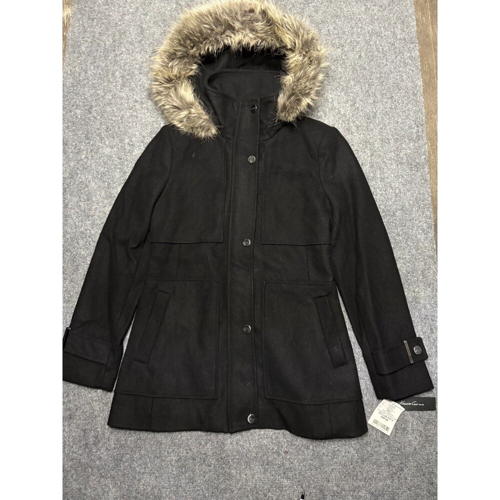 KENNETH COLE Coat Womens Small Black Hooded Faux Fur Trim Wool Blend Career NEW